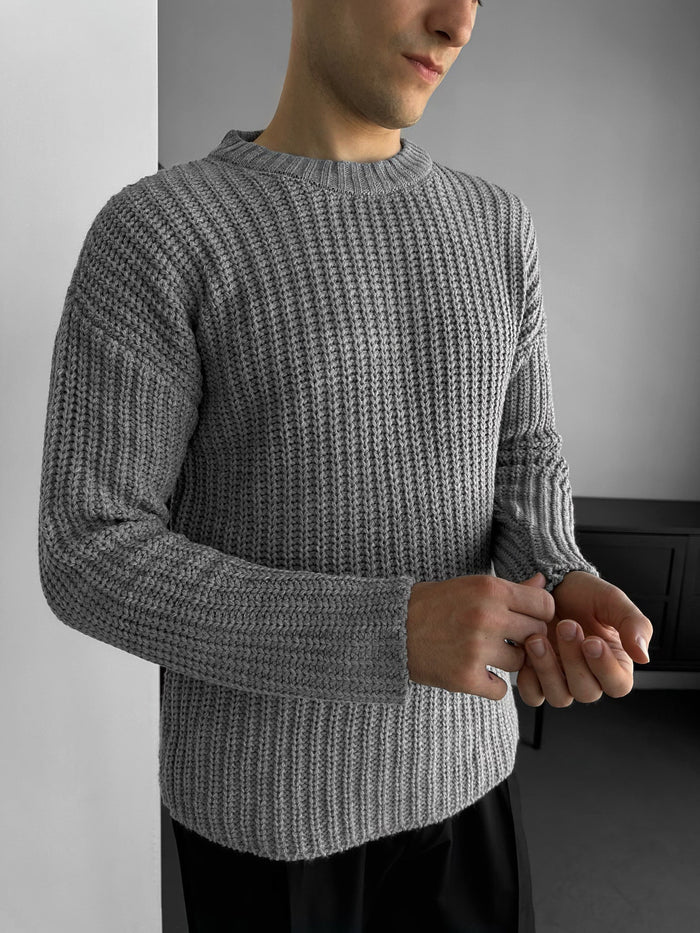 Slim Fit Fläta Stickad Tröja - Grå