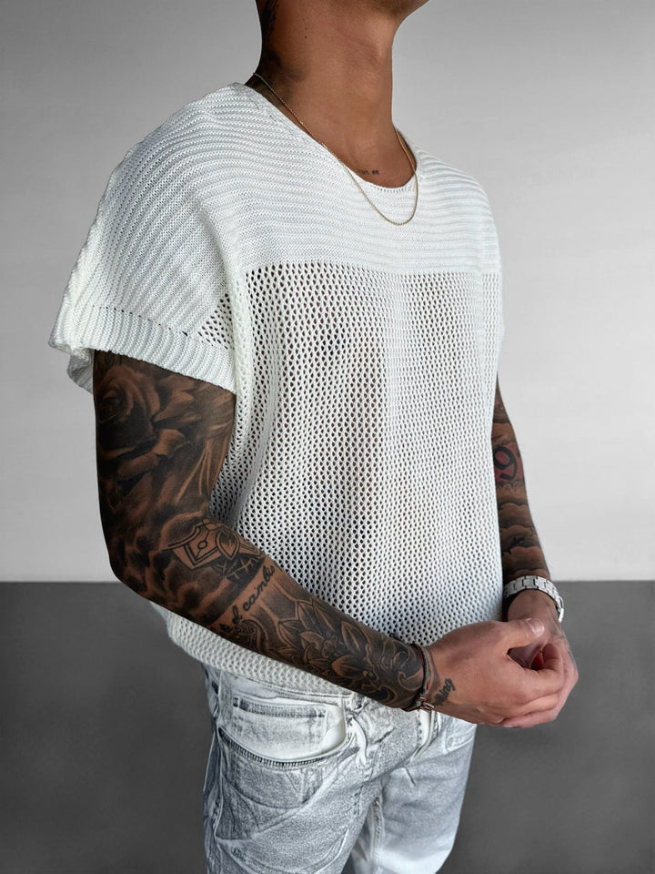 Oversize Texturerad Stickad T-shirt - Ecru