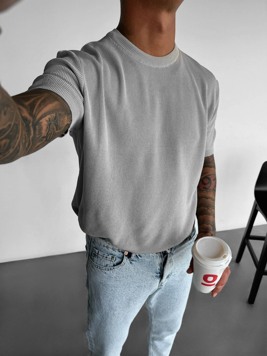 Oversize Stickad T-Shirt - Grå