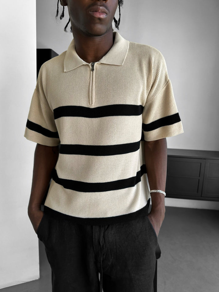 Regelbunden Stickad Zip-T-shirt - Grädde