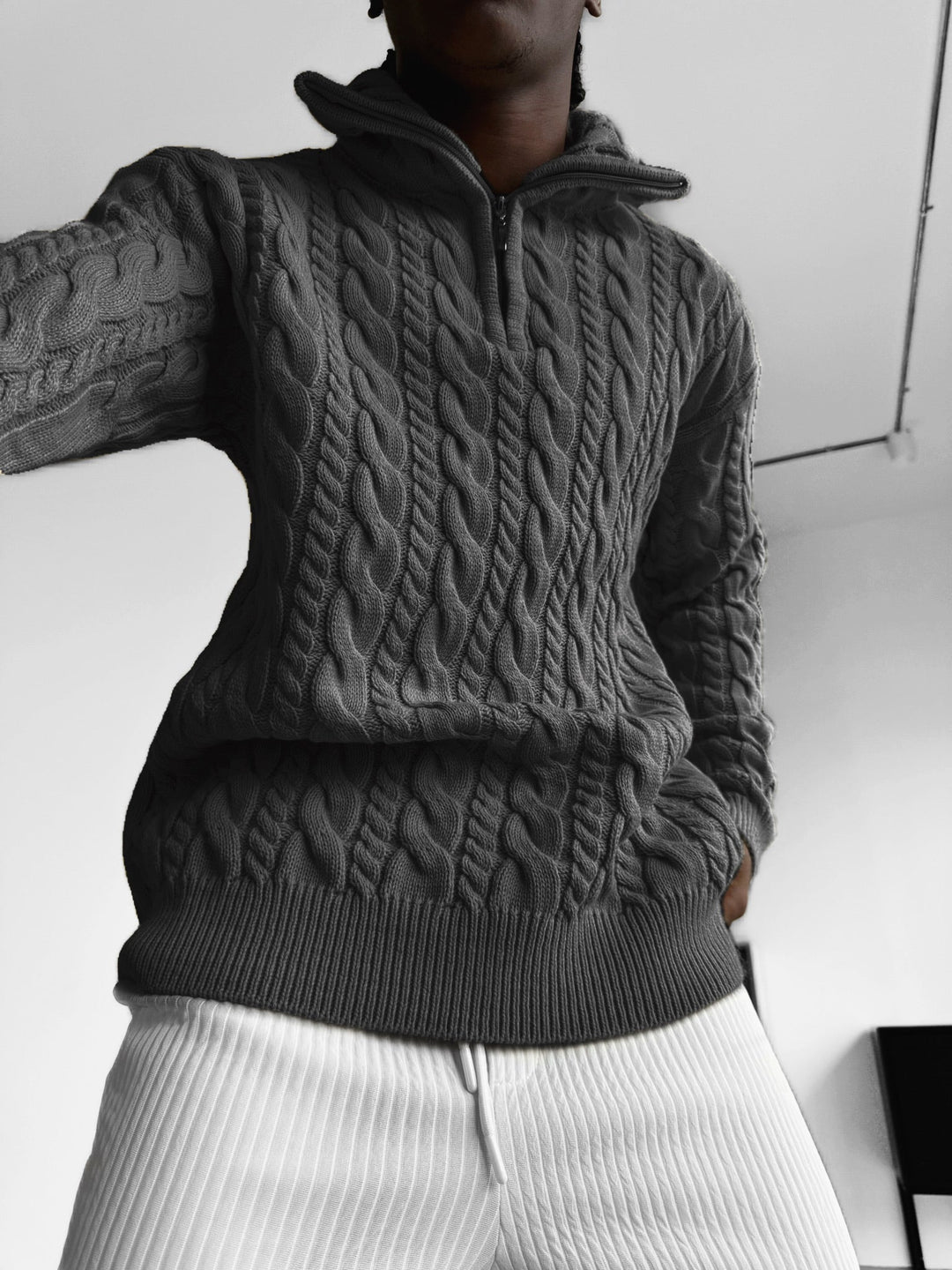 Oversize Krage Fläta Dragkedja Pullover - Antracit