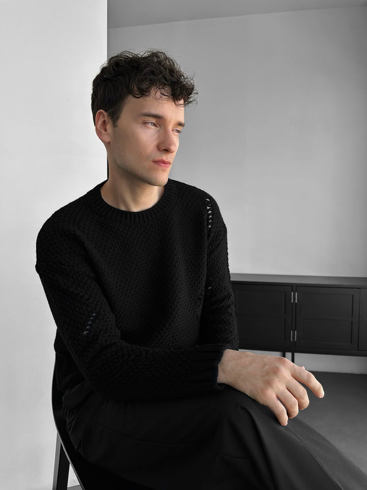 Regular Fit Textured Torn Sweater - Svart