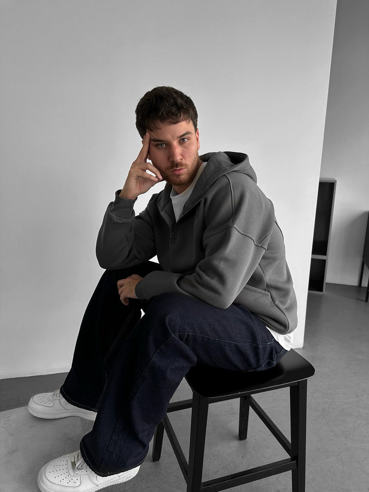Lös Passform Halv-Zip Bas Hoodie - Antracit