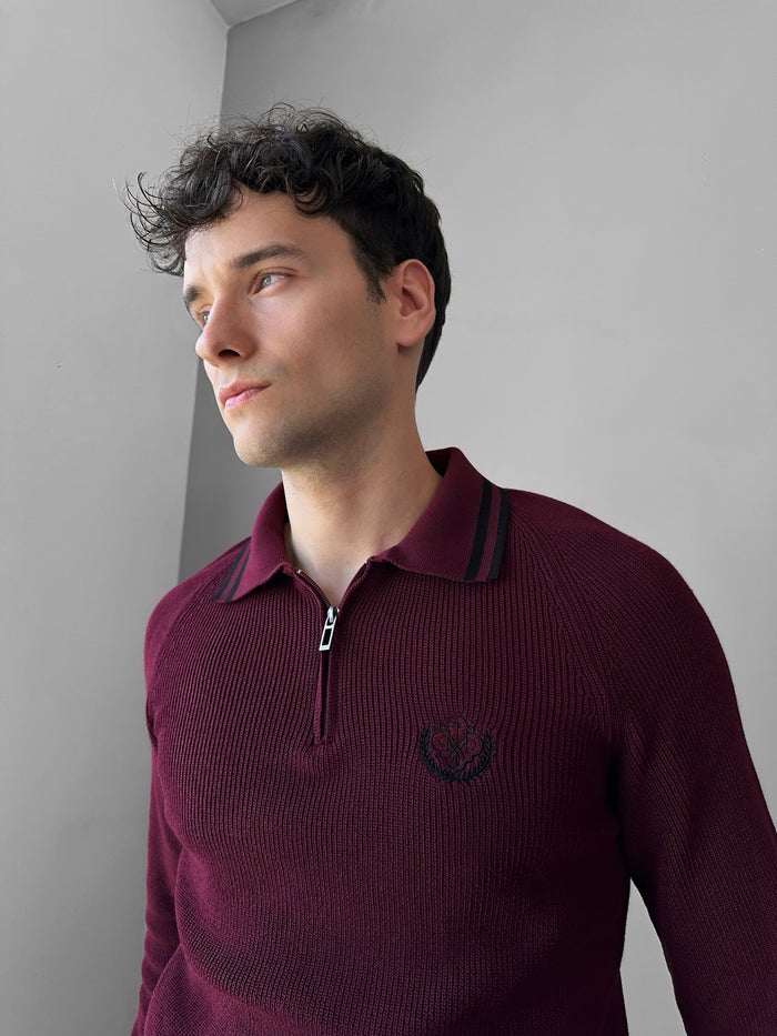 Slim Fit Halv-Zip Broderad Polo Tröja - Bordeaux