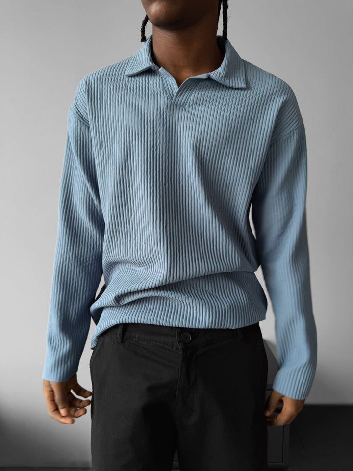 Oversize Ribbad Långärmad Polo T-shirt - Coronet Blå