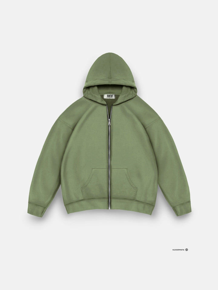 Oversize Basic Dragkedja Hoodie - Mossa