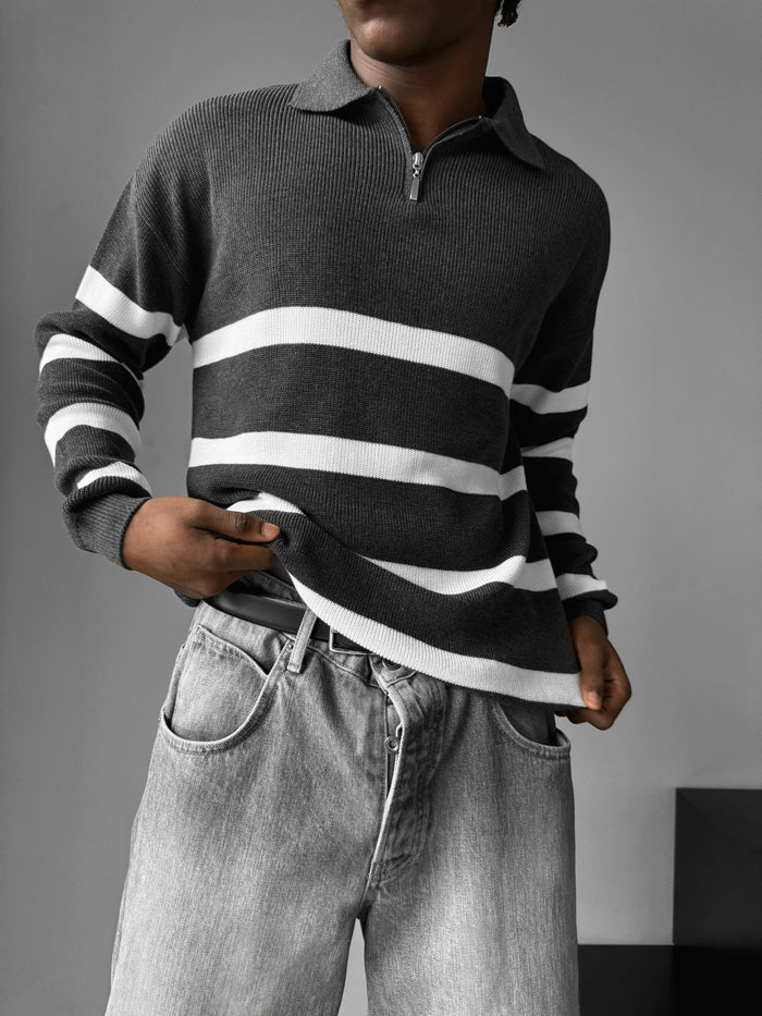 Oversize Stickad Crop Polo Tröja - Antracit