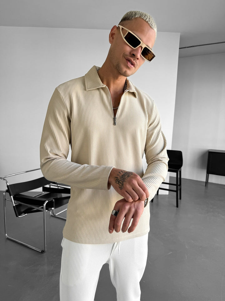 Lös Passform Dragkedja Polo Sweatshirt - Beige