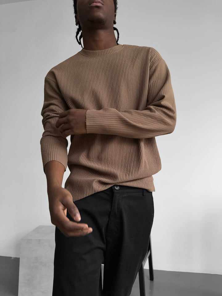 Oversize Ribbad Långärmad T-shirt - Brun