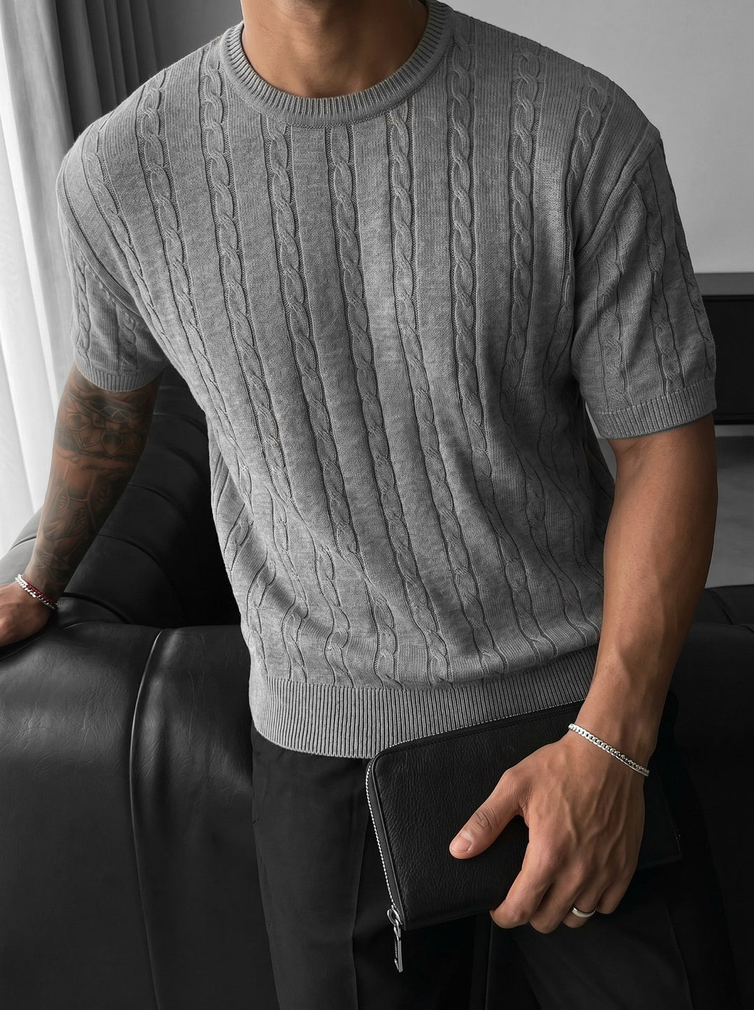 Lös Passform Flätad Stickad T-Shirt - Grå