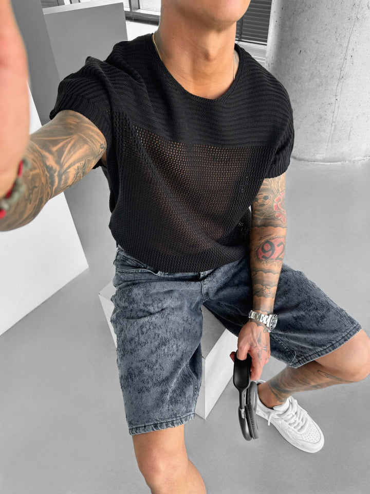 Överdimensionerad Texturerad Stickad T-shirt - Svart