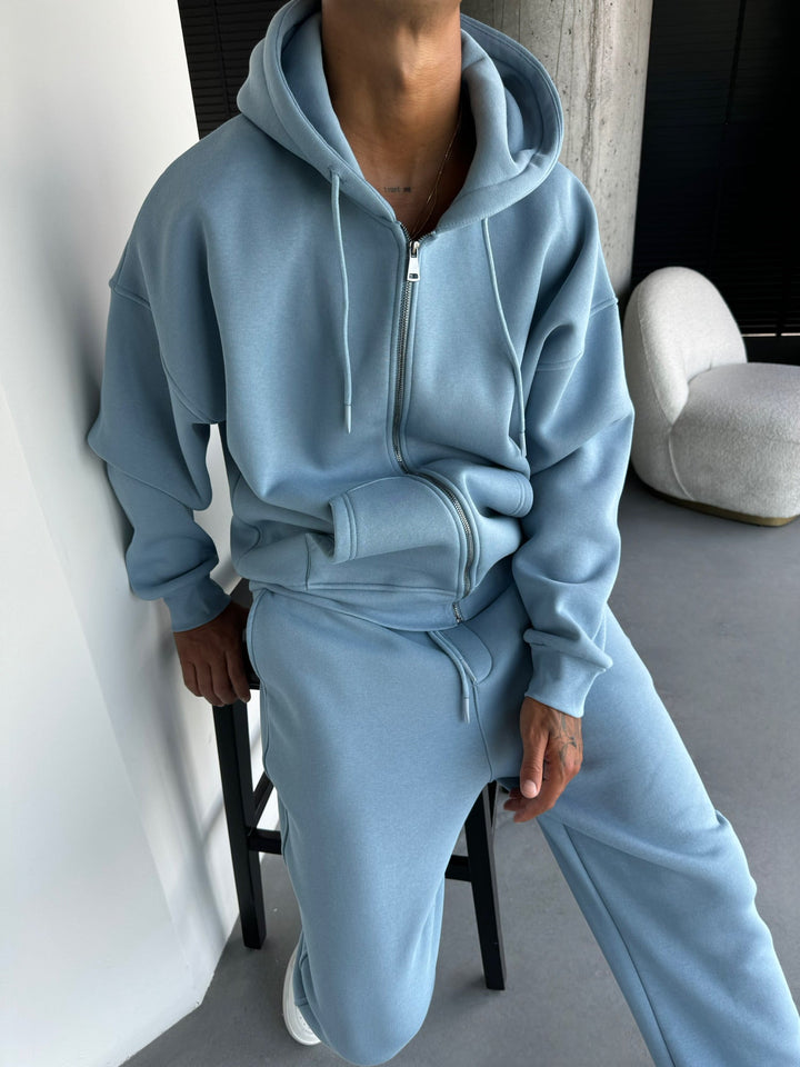 Oversize Basic Zipper Hoodie - Blekt Denim
