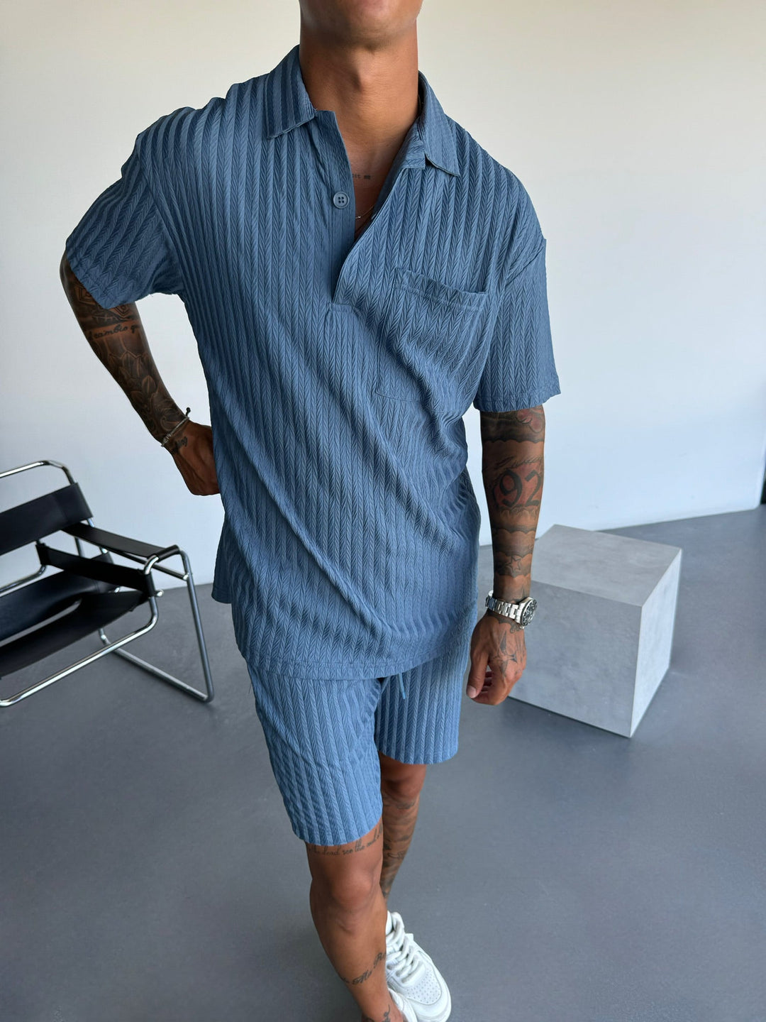 Oversize Strukturerad Polo T-Shirt - Coronet Blå
