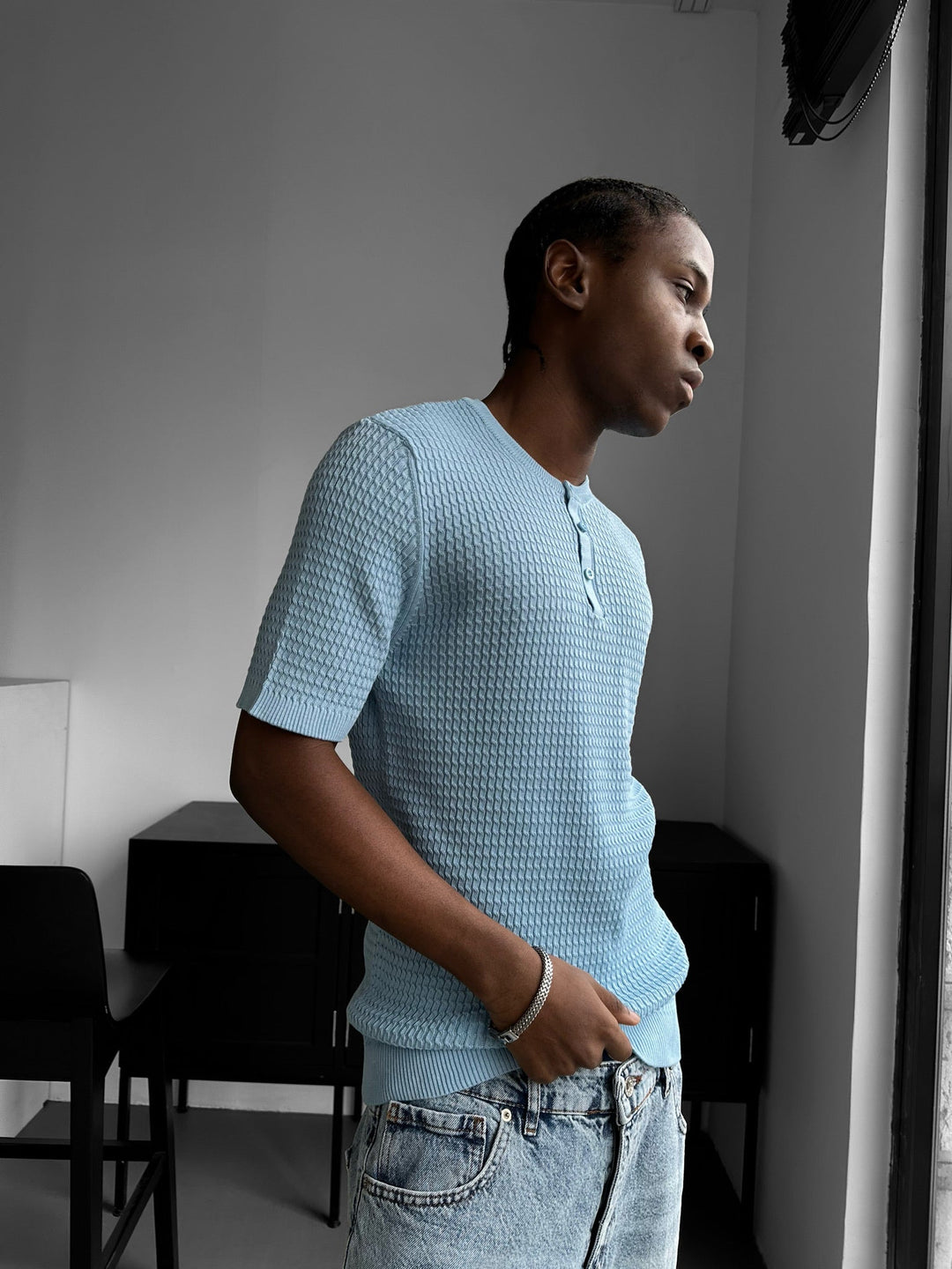 Regular Fit Waffle Button T-shirt - Babyblå