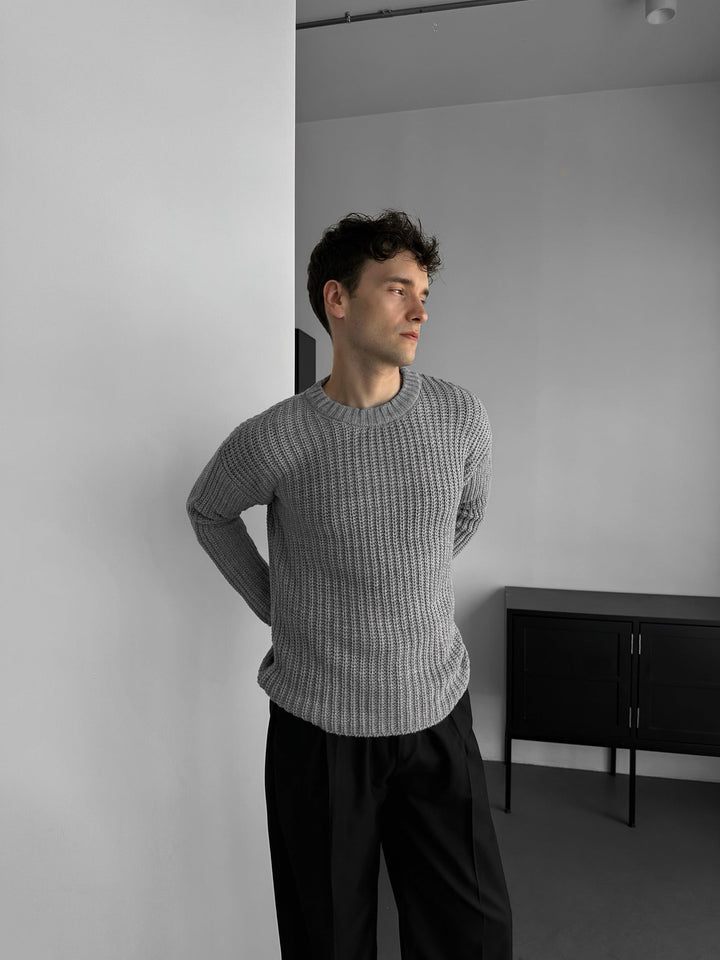 Slim Fit Fläta Stickad Tröja - Grå