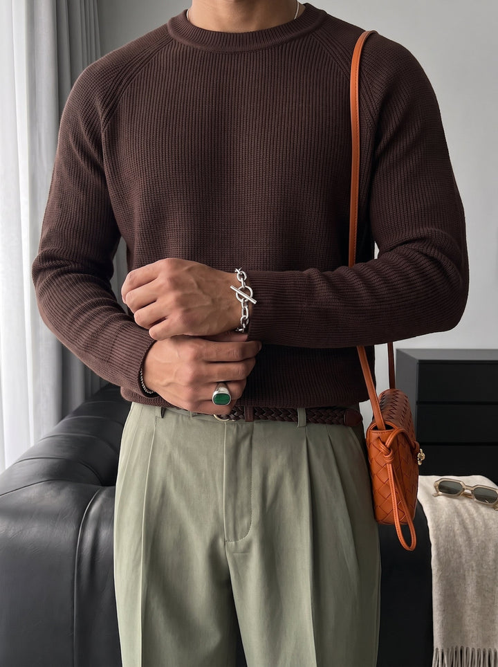 Slim Fit Tunn Stickad Tröja - Mörkbrun