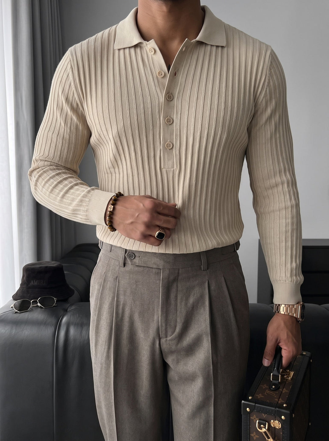 Slim Fit Polo Stickad Tröja - Beige