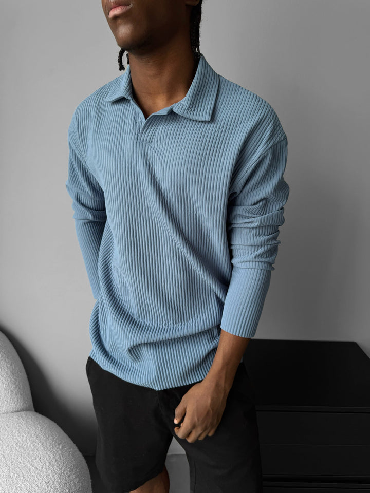 Oversize Ribbad Långärmad Polo T-shirt - Coronet Blå