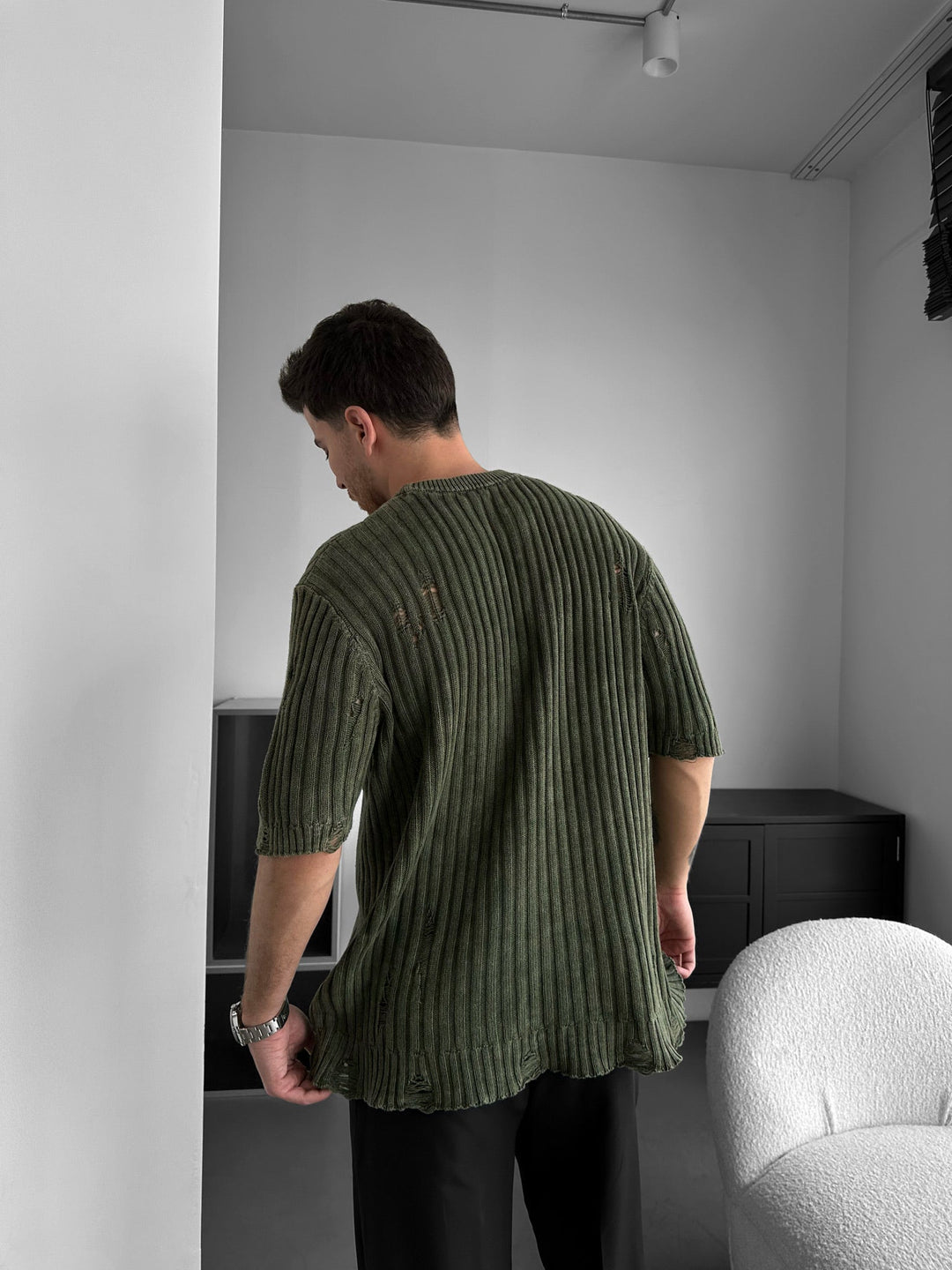 Oversize Torn Tvättad Stickad T-shirt - Khaki