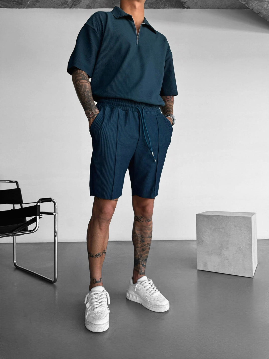 Överdimensionerad Texturerad Dragkedja Polo T-Shirt - Petrol
