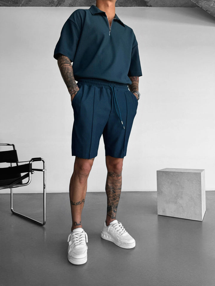 Överdimensionerad Texturerad Dragkedja Polo T-Shirt - Petrol