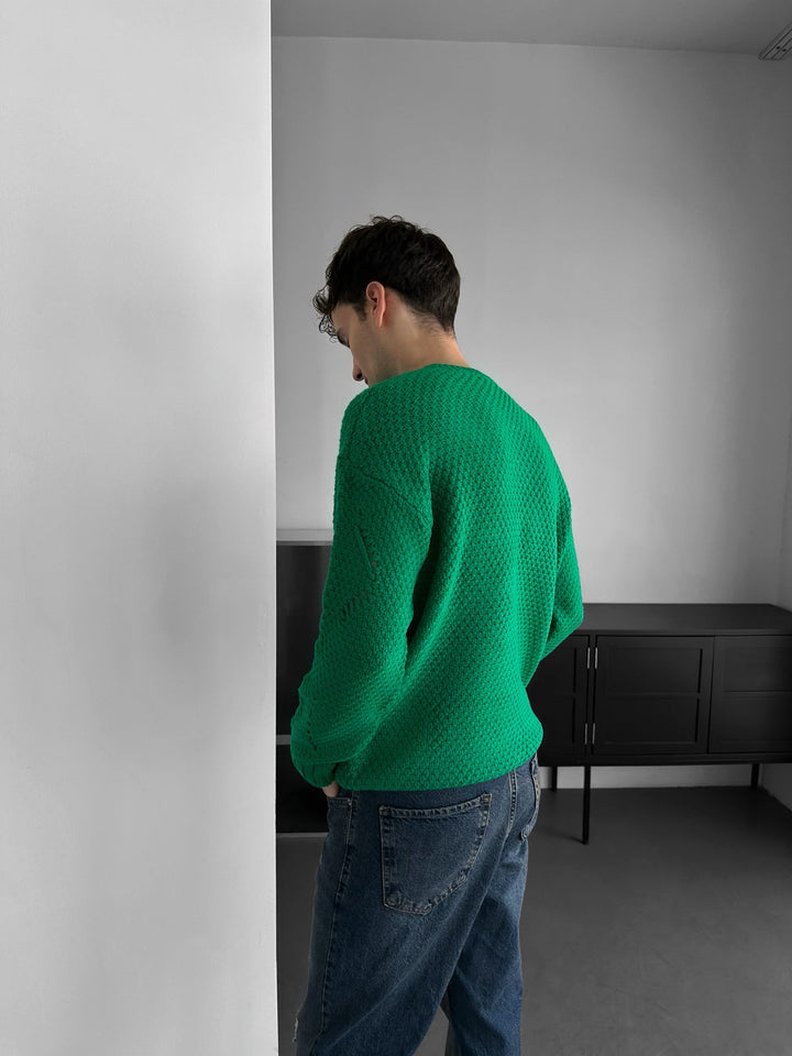 Regular Fit Textured Torn Sweater - Grön