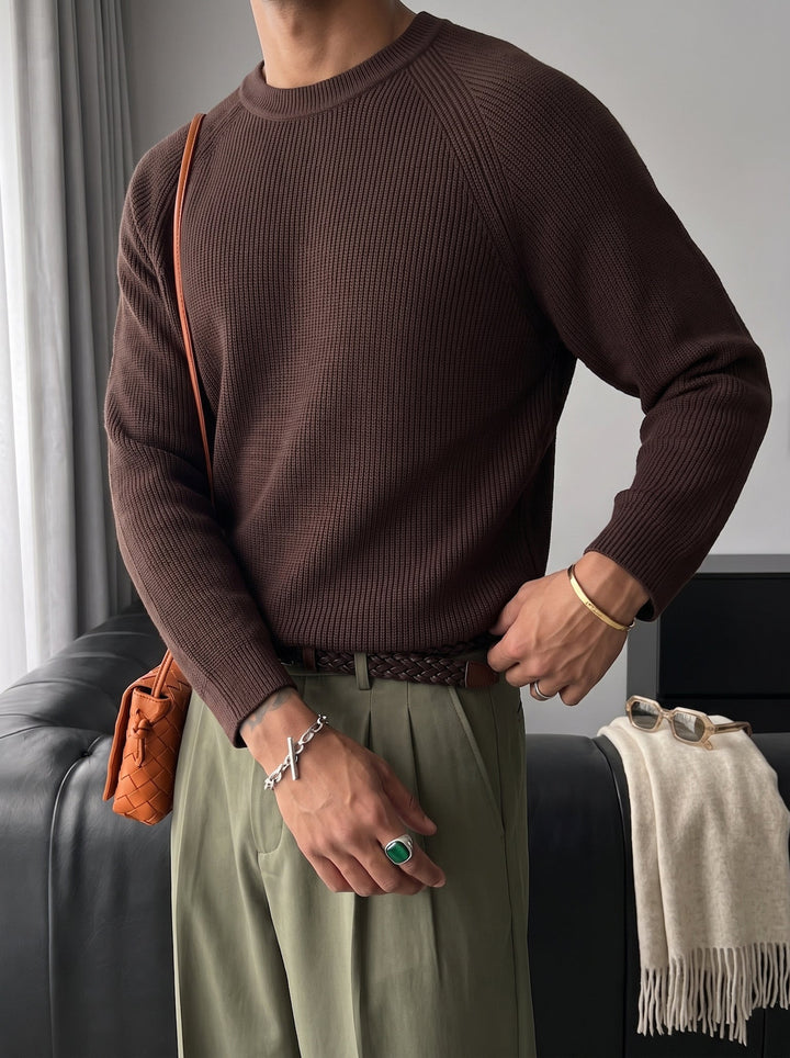Slim Fit Tunn Stickad Tröja - Mörkbrun
