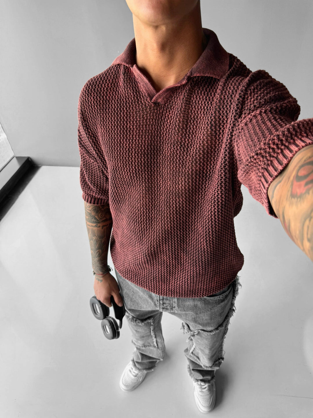 Regular Fit Knit Grid T-shirt - Plommon Perfekt