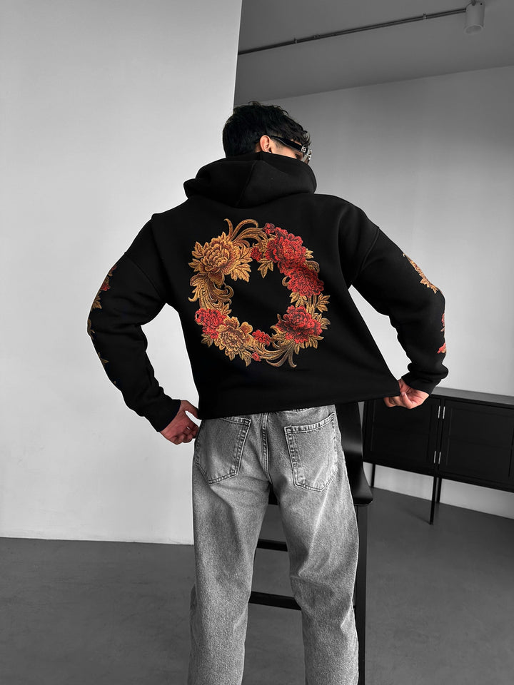Oversize Krysantemum Hoodie - Svart