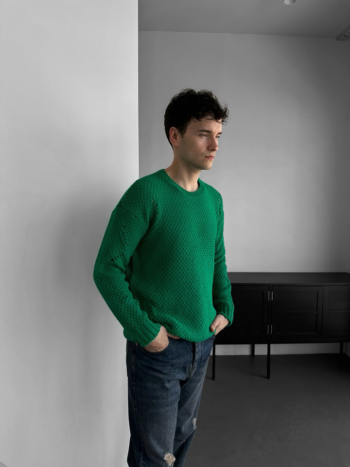 Regular Fit Textured Torn Sweater - Grön