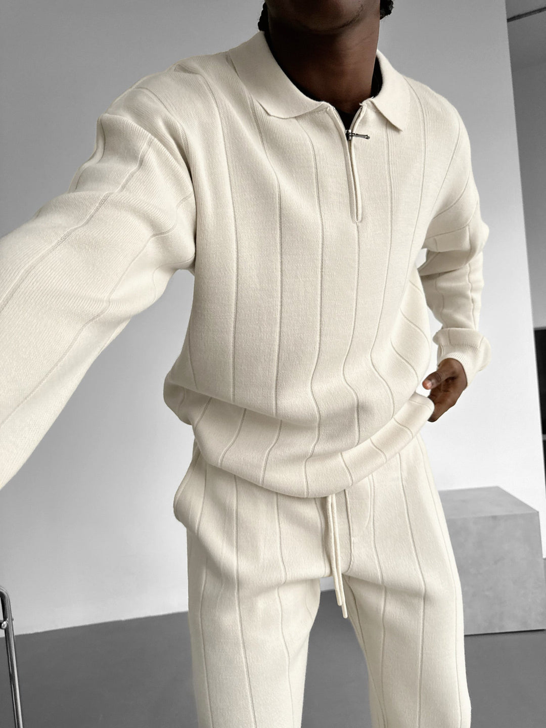 Oversize Linjer Stickad Dragkedja Polo Sweatshirt - Ecru