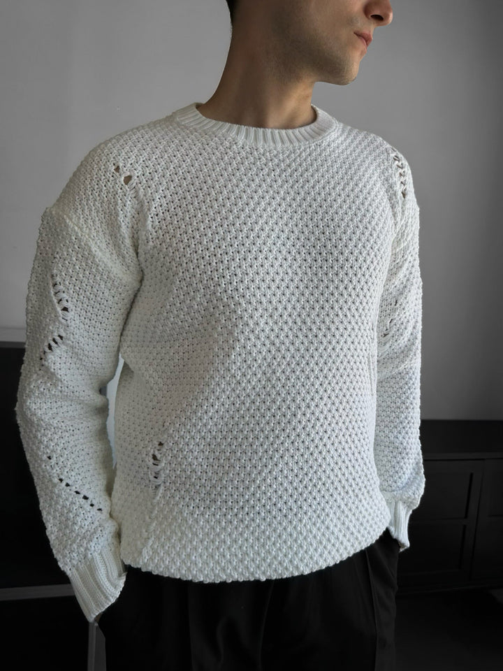 Regular Fit Textured Torn Sweater - Vit