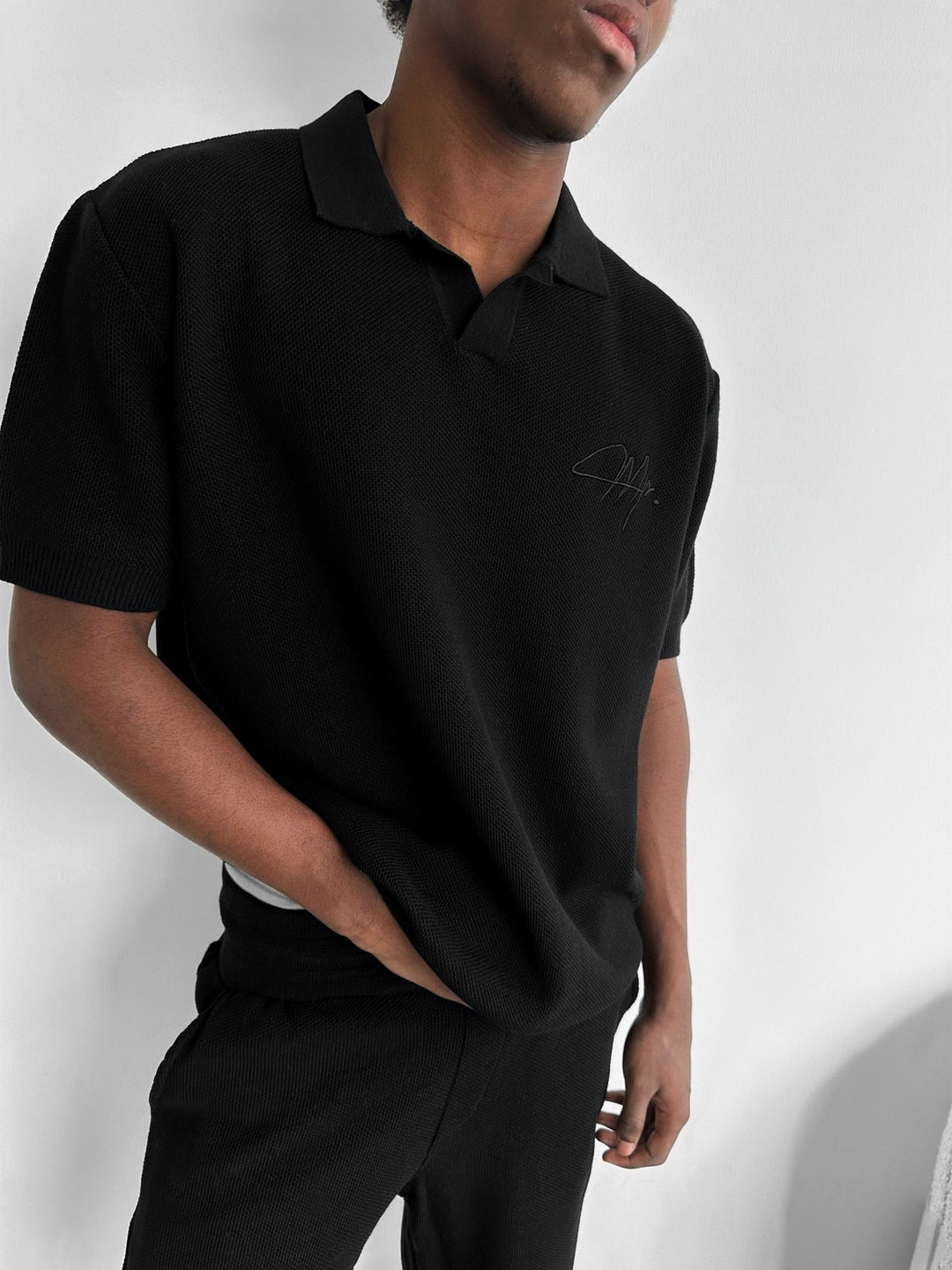Oversize Initial Knit Polo T-Shirt - Svart