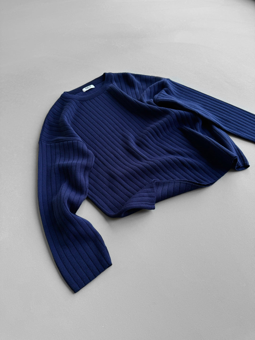 Oversize Vid Ribbade Långärmade Stickade Sweatshirt - Marinblå