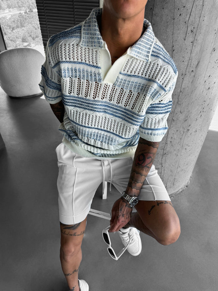 Oversize Stickad Polo T-Shirt - Babyblå