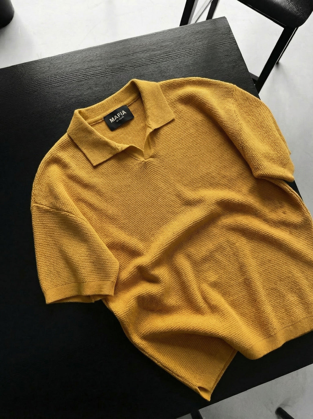 Oversize Krage Ribbad Stickad T-Shirt - Saffran