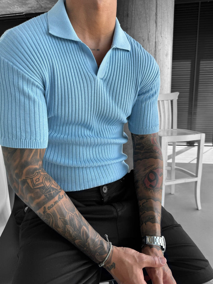 Slim Fit Knit Polo T-Shirt - Babyblå