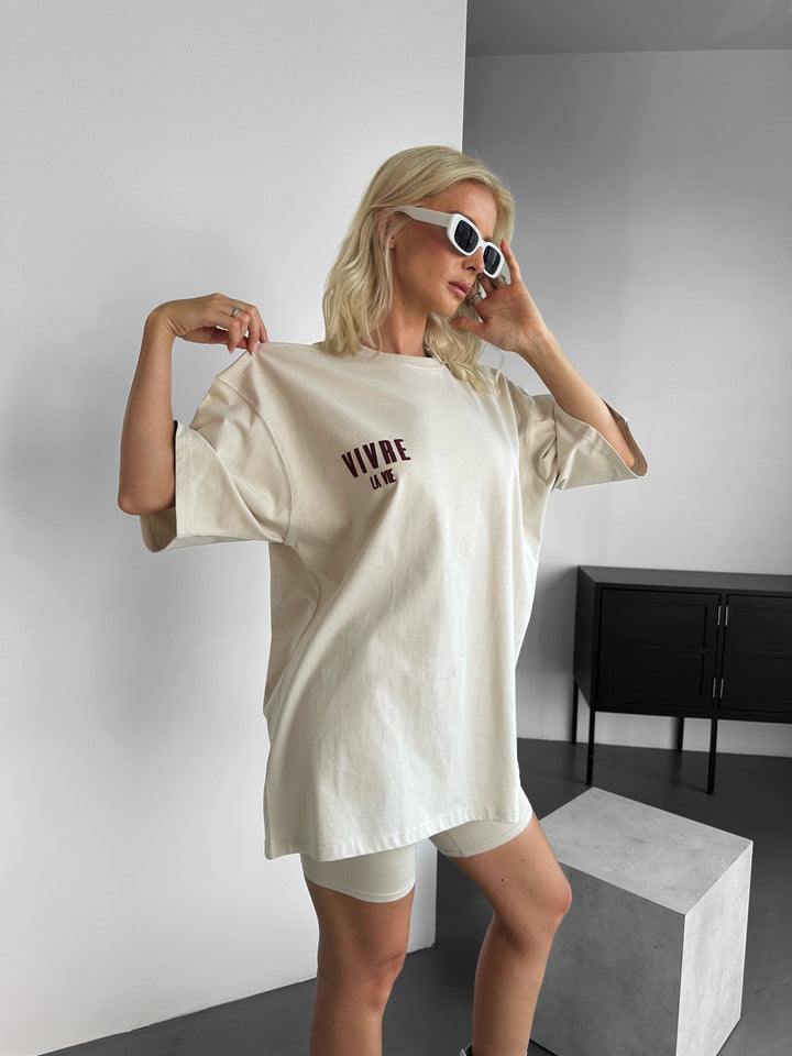 Oversize Vivre la Vie T-shirt - Beige