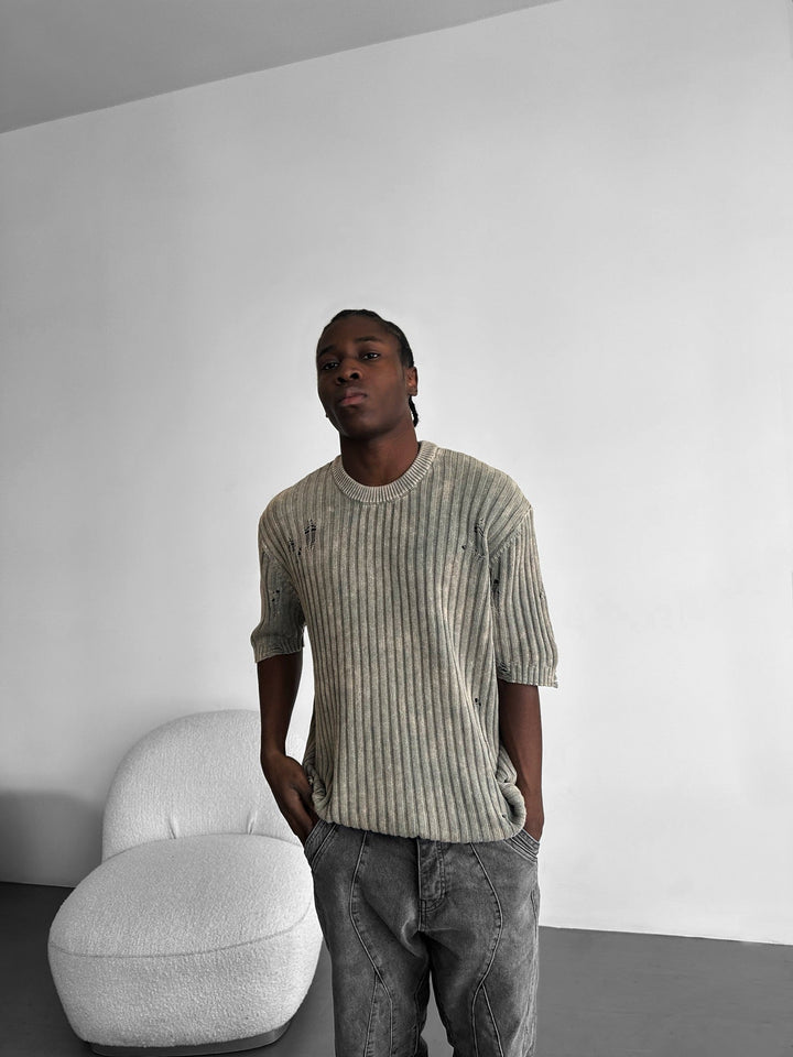 Oversize Torn Tvättad Stickad T-shirt - Sten