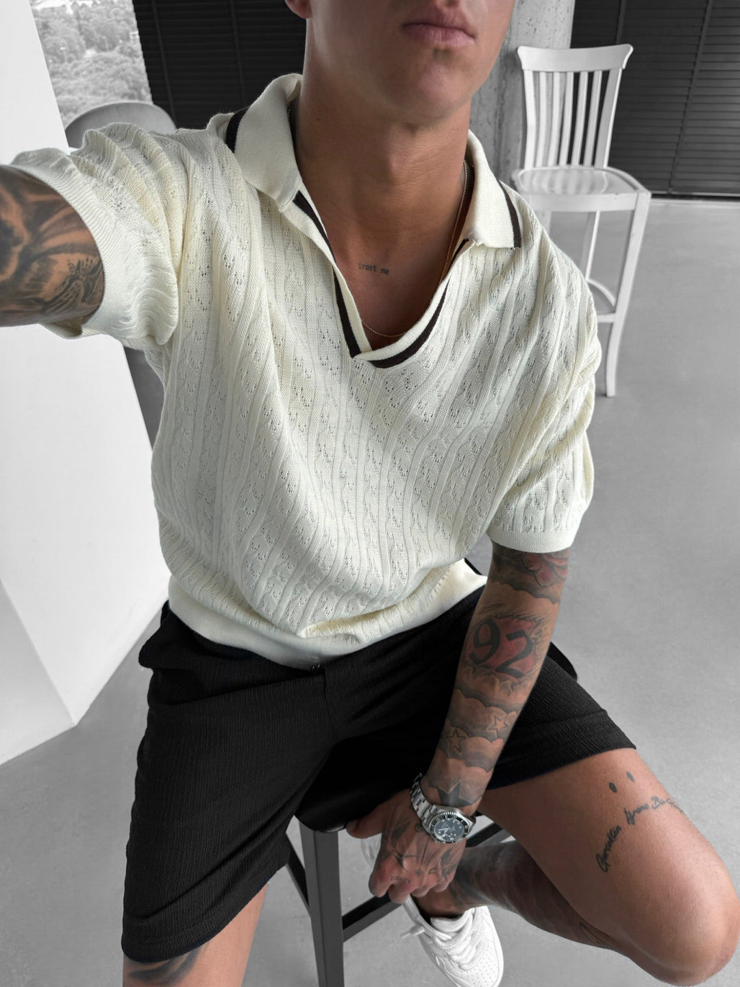 Oversize Strukturerad Polo T-shirt - Ecru och Brun