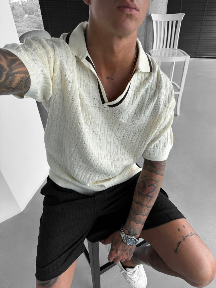 Oversize Strukturerad Polo T-shirt - Ecru och Brun