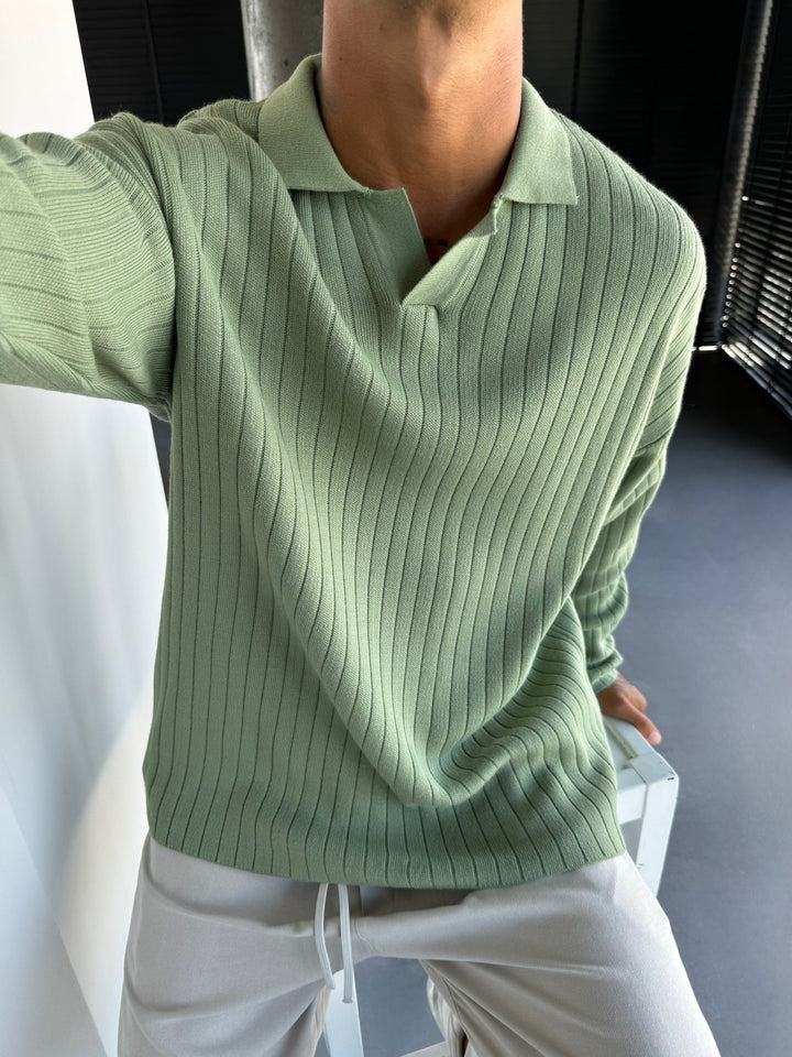 Överdimensionerad Vid Ribbad Långärmad Stickad Polo Sweatshirt - Gräs