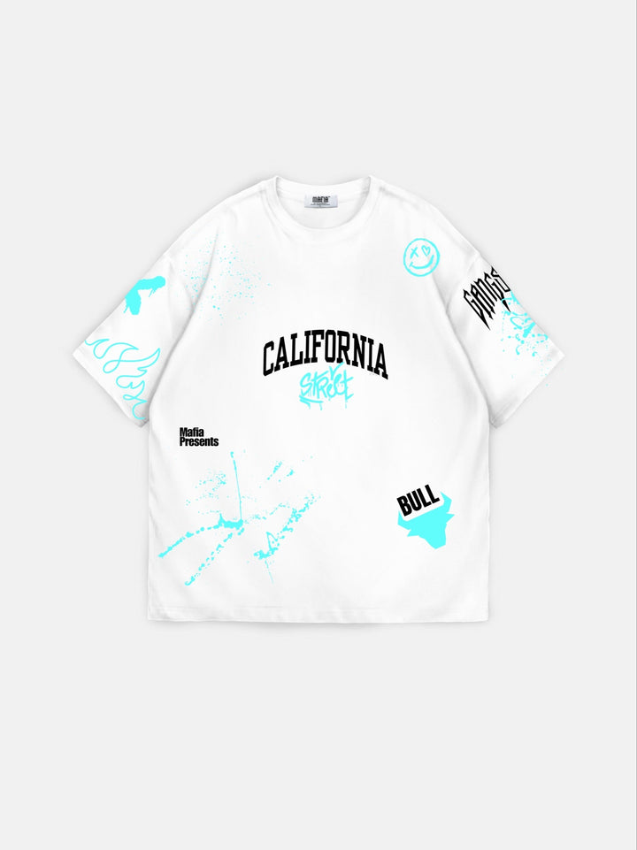 Oversized California Graffiti T-Shirt - Ecru och Turkos