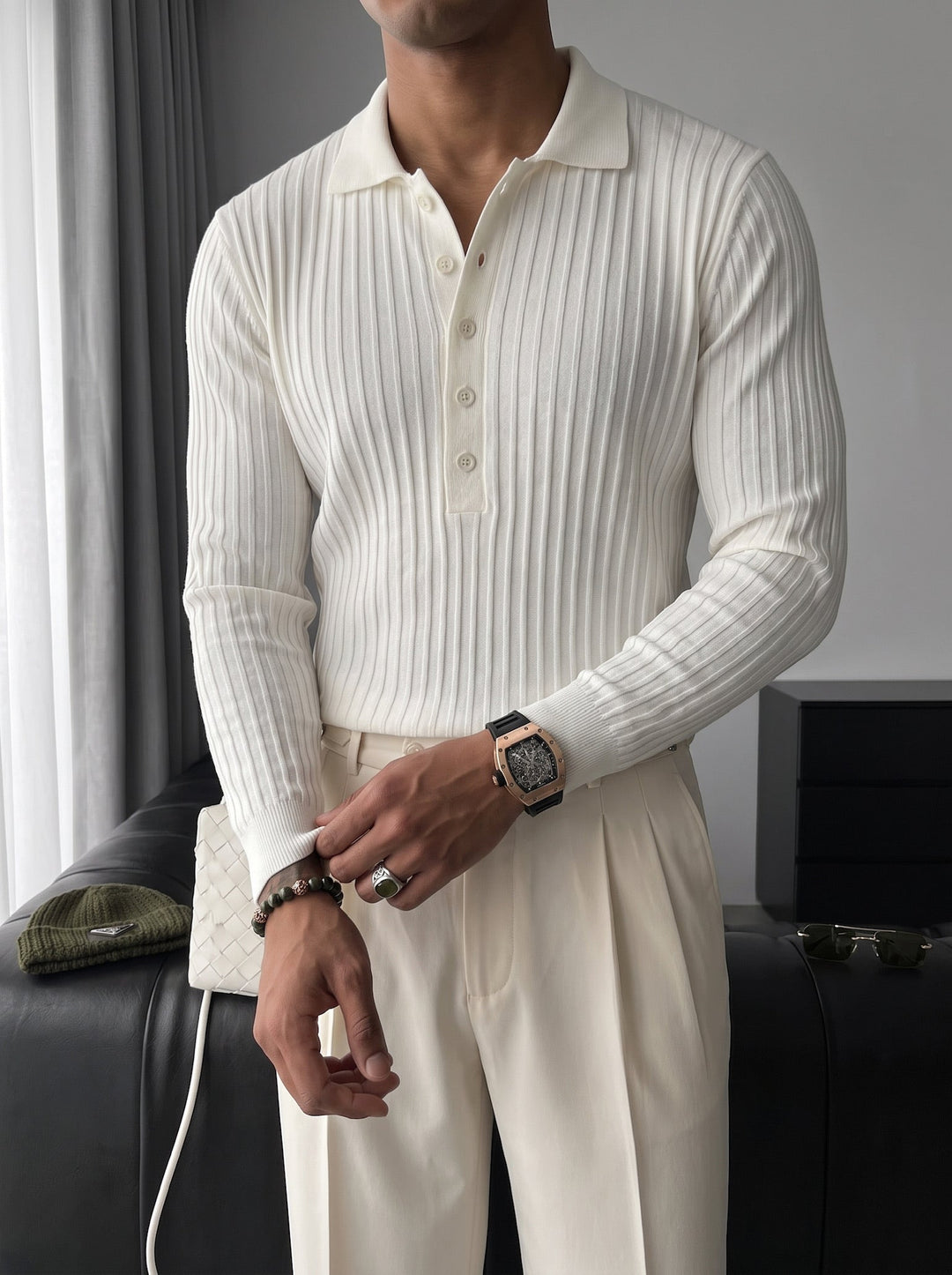 Slim Fit Polo Stickad Tröja - Ecru