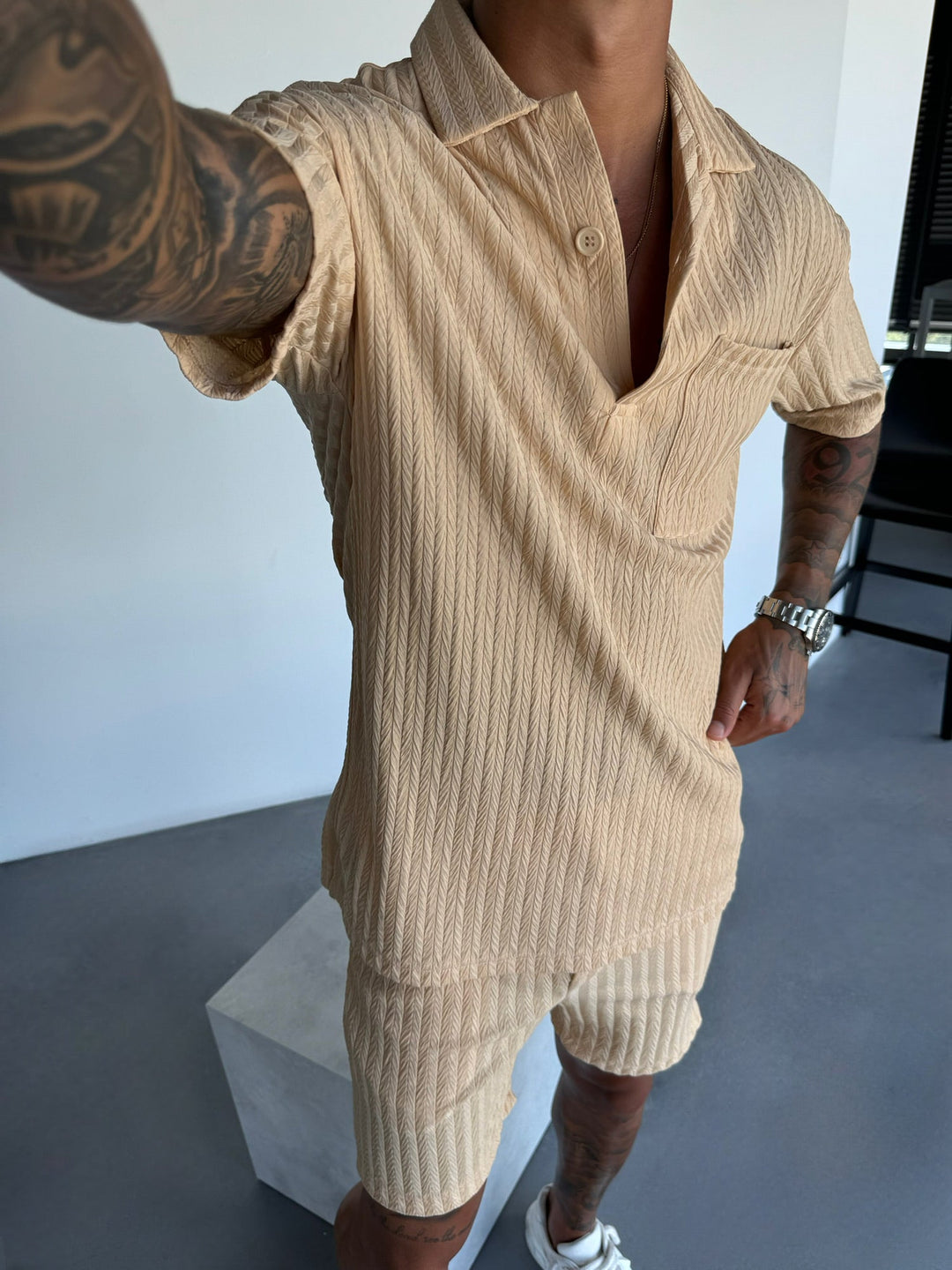 Överdimensionerad Strukturerad Polo T-Shirt - Almond Buff