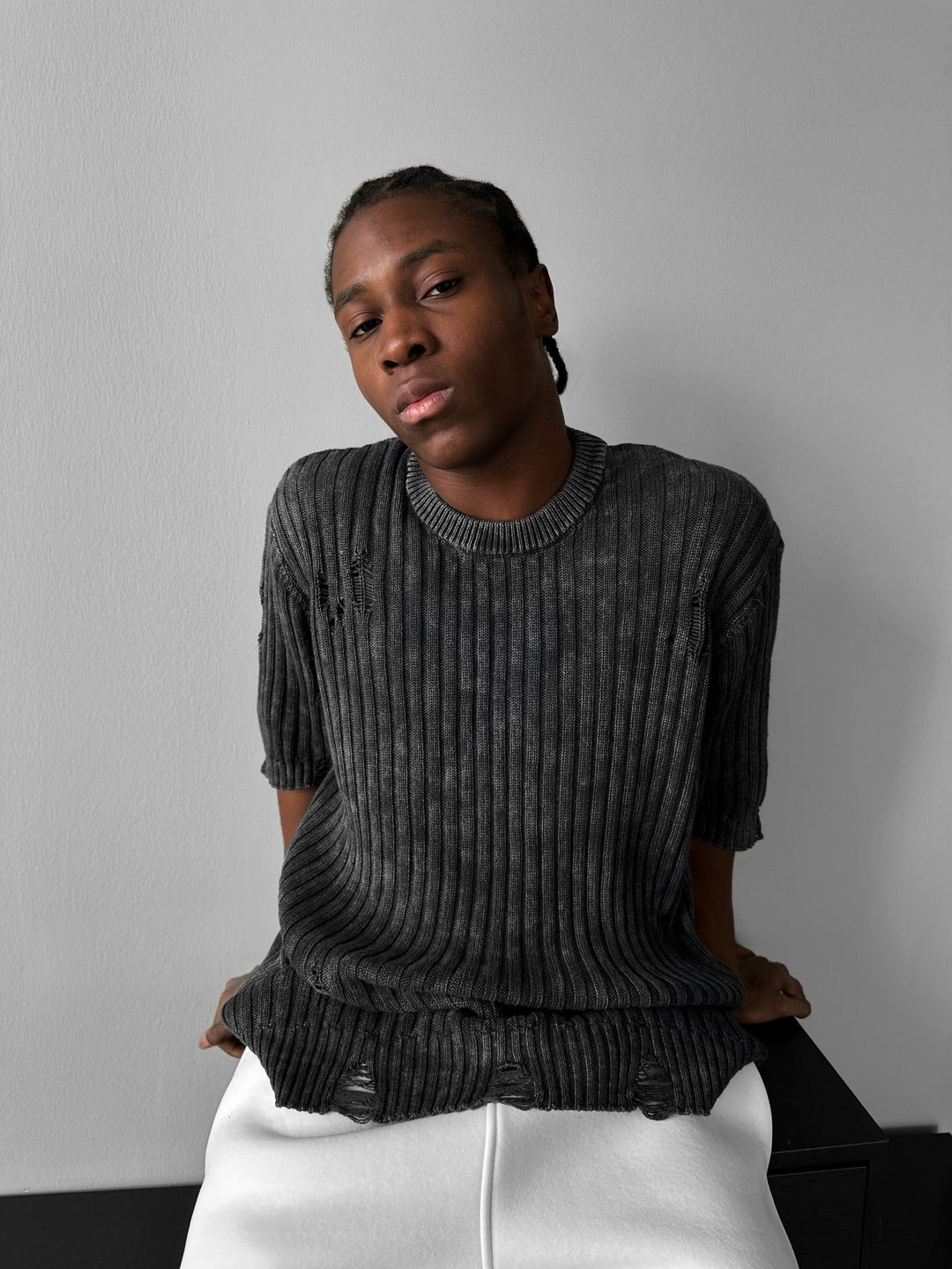 Oversize Torn Tvättad Stickad T-shirt - Svart