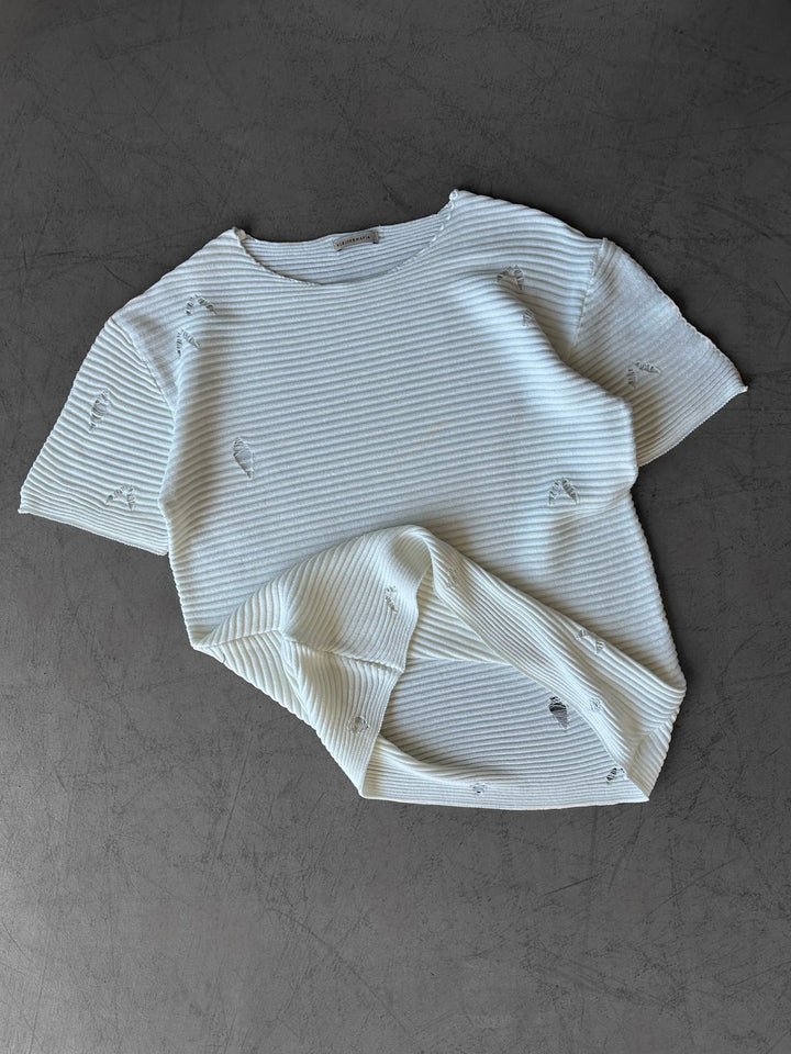 Lös Passform Torn Stickad T-Shirt - Vit