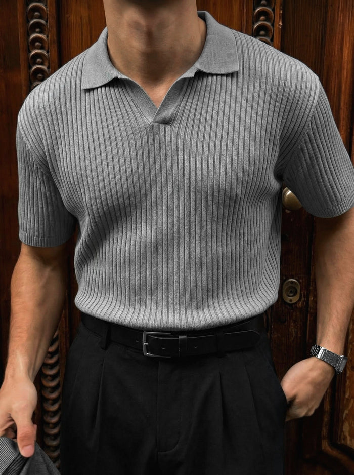 Slim Fit Stickad Polo T-Shirt - Ljus Grå