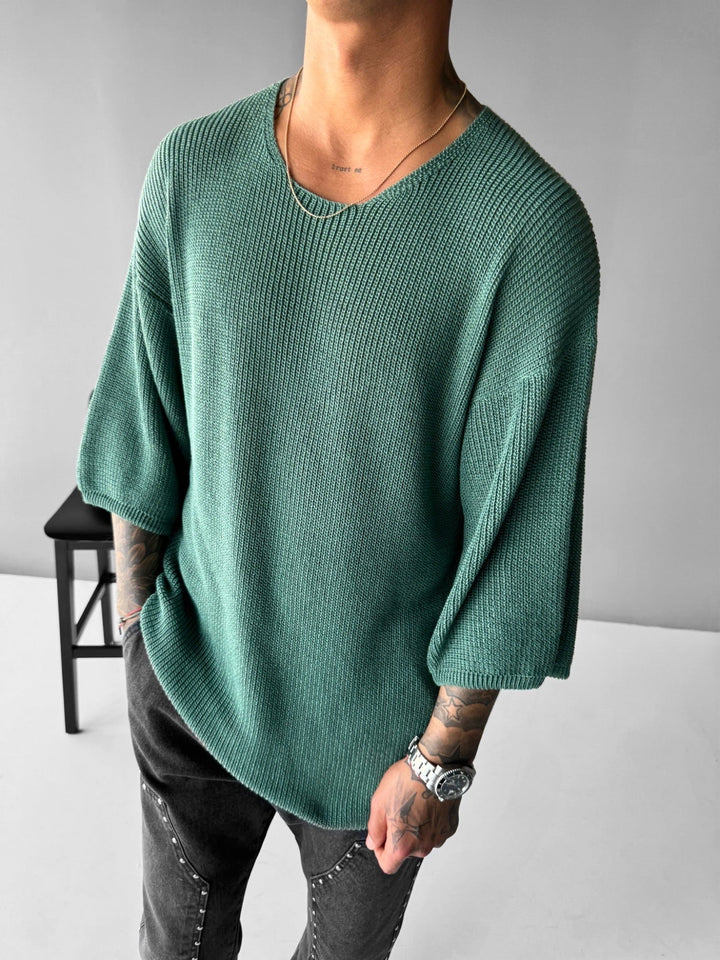 Oversize Lång Stickad T-Shirt - Petrol