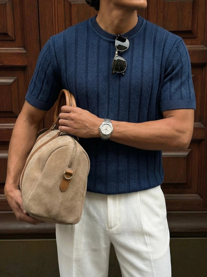 Slim Fit Tvättade Linjer Stickad T-Shirt - Blå